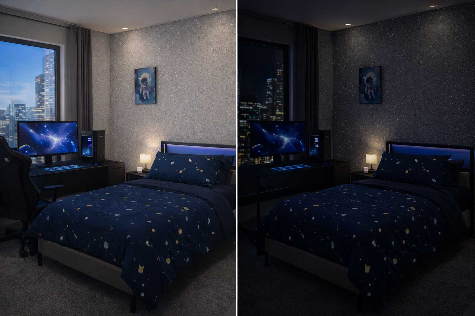 Battlestar — GlowFX luminous wall finish day and night comparison