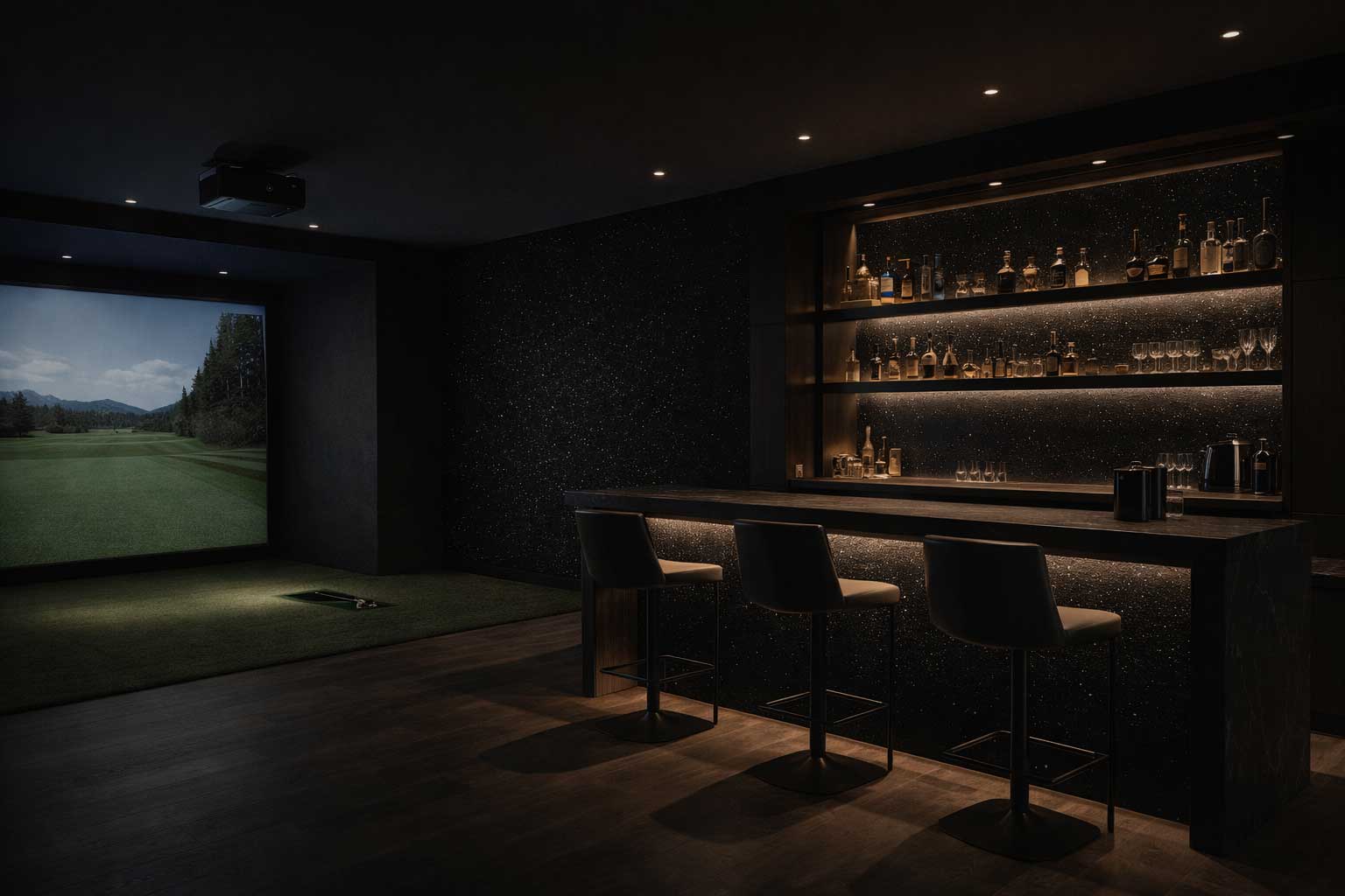 Intergalactic Black — GlowFX luminous wall finish in a luxury bar lounge