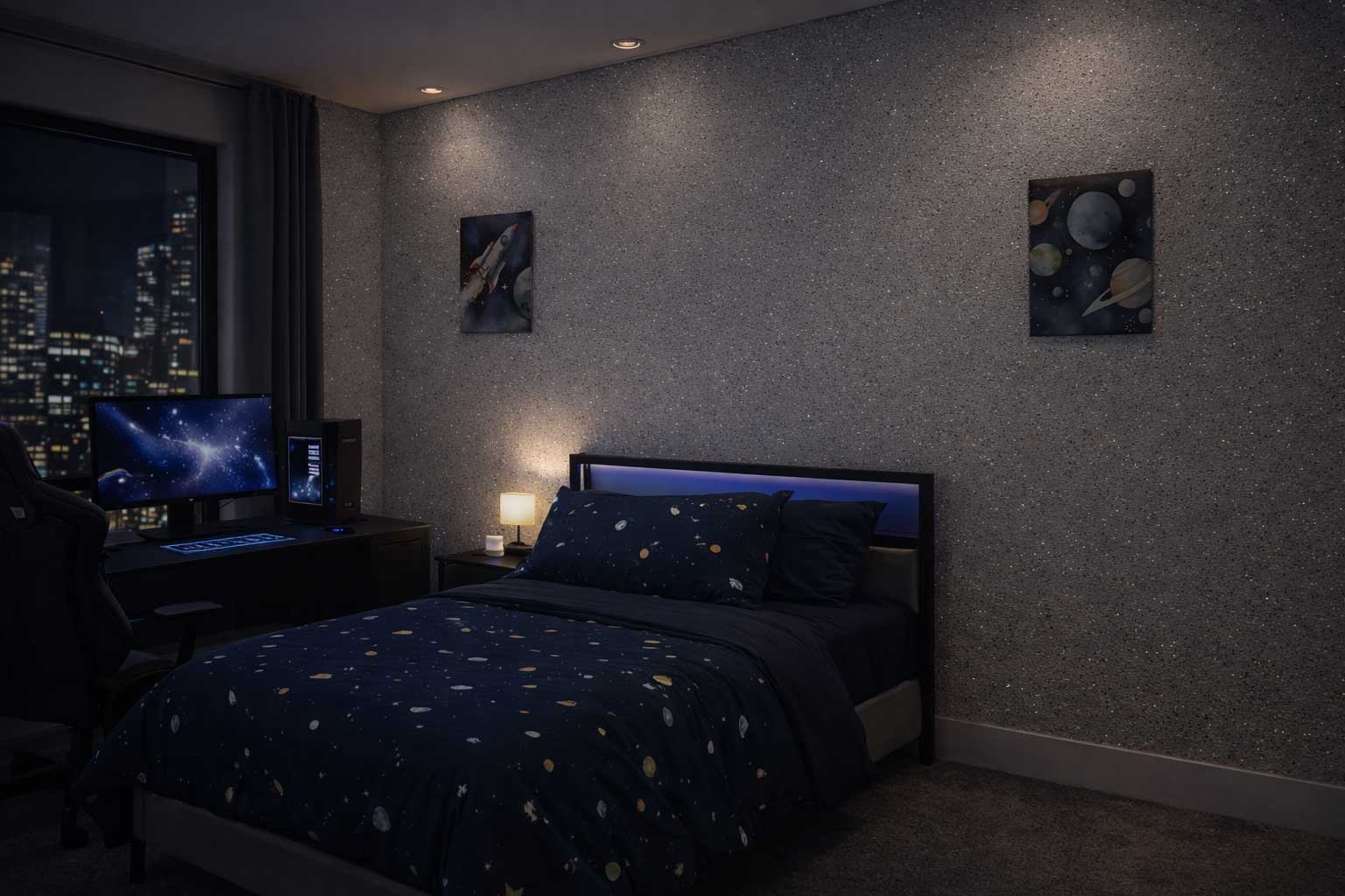 Intergalactic — GlowFX luminous wall finish in a space-themed bedroom