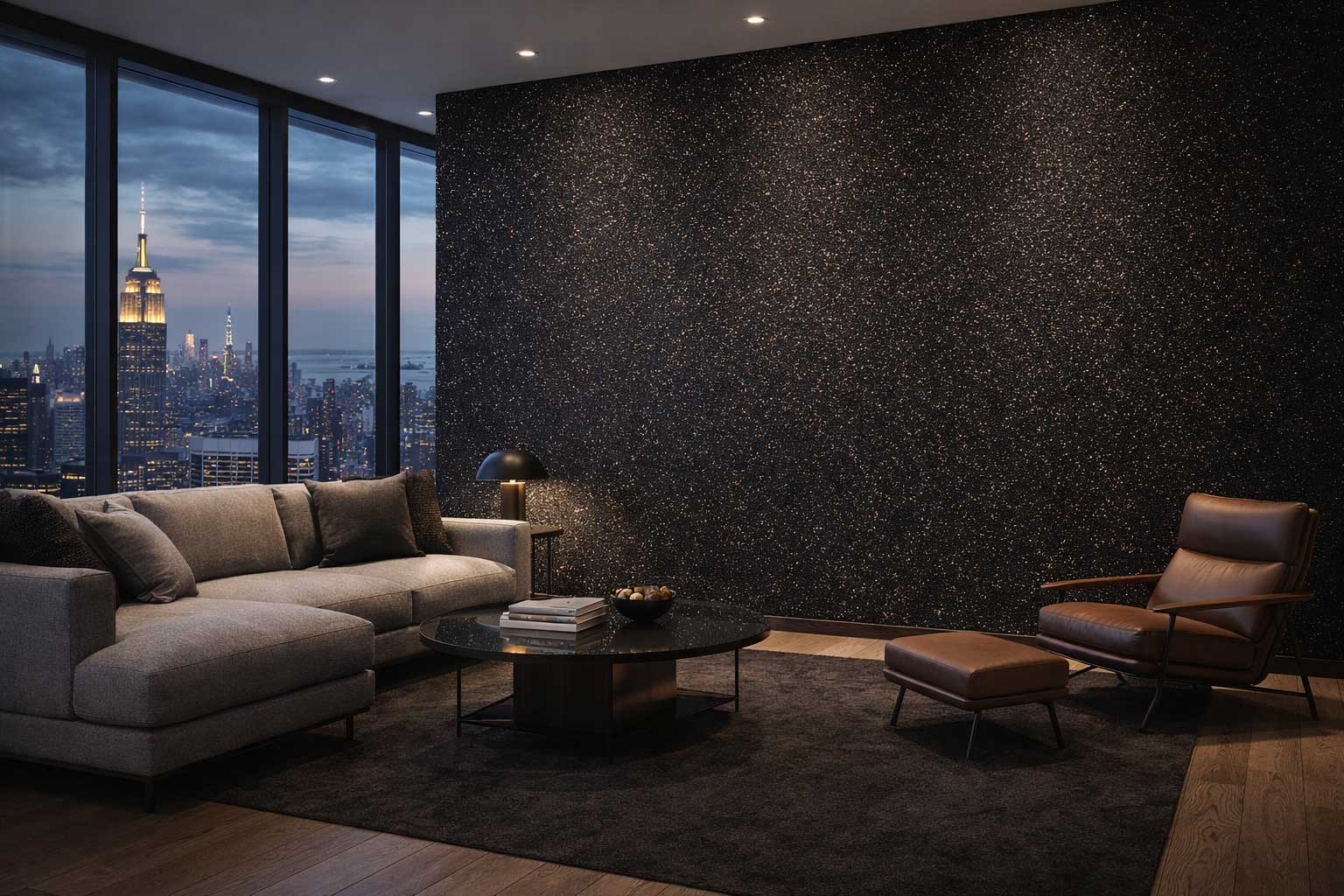 Black Silver — MetalFX metallic wall finish in a penthouse lounge