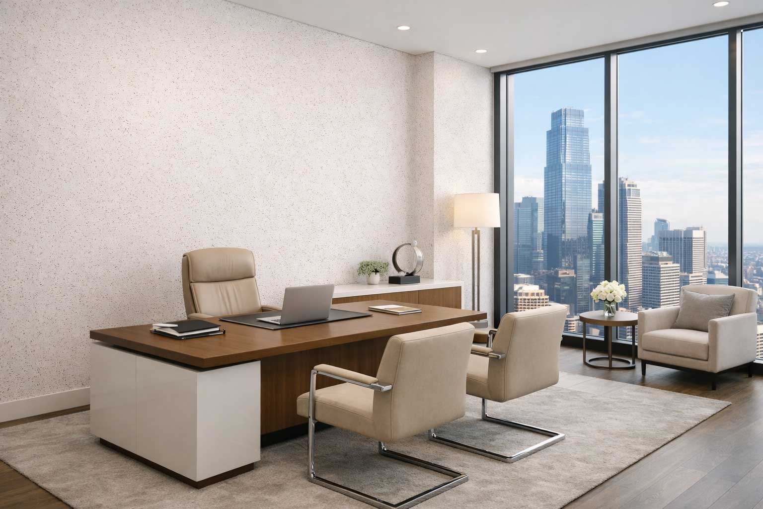 White Rose Gold — MetalFX metallic wall finish in a high-rise office