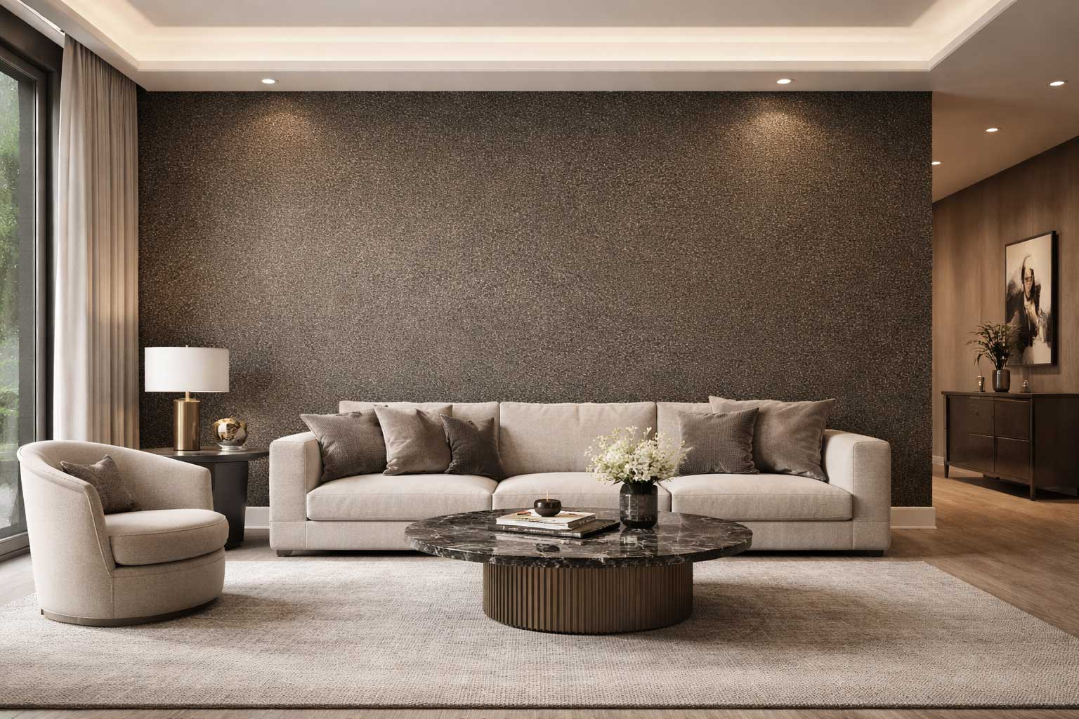 Midnight Gold — StoneFX mineral wall finish in a luxury living room