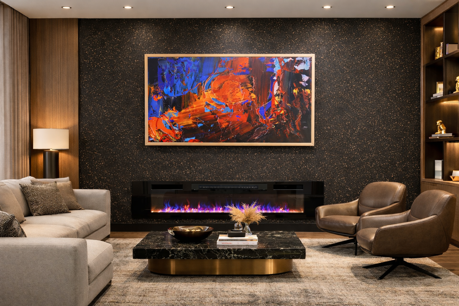 Obsidian Gold — StoneFX mineral wall finish in a contemporary lounge