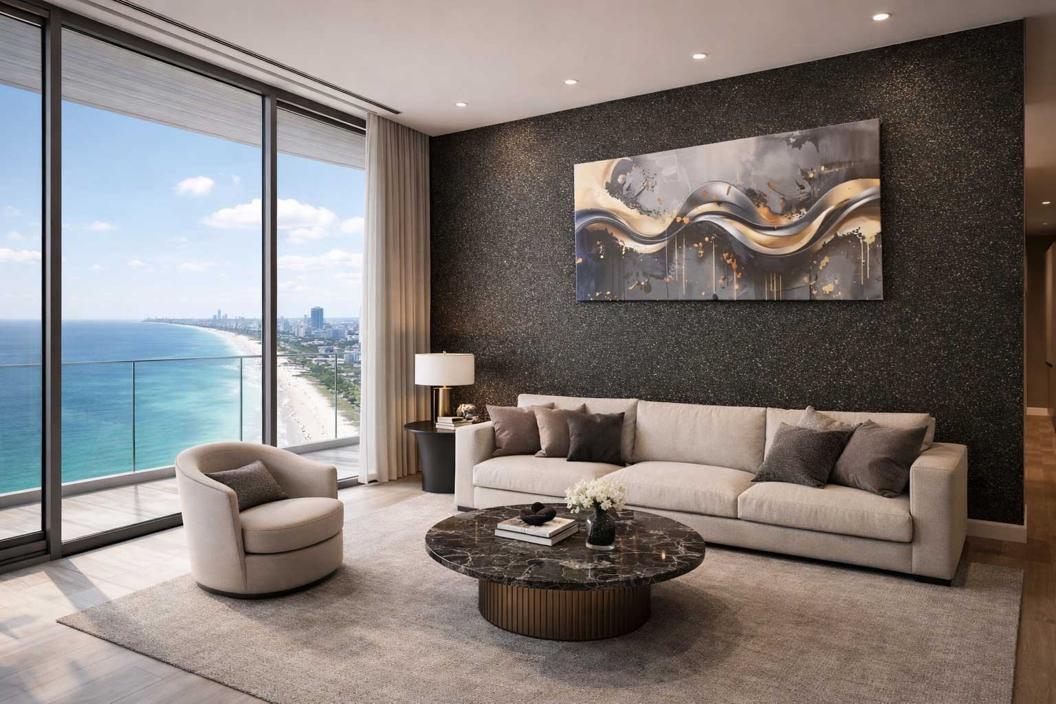Onyx — StoneFX mineral wall finish in a luxury oceanfront living room